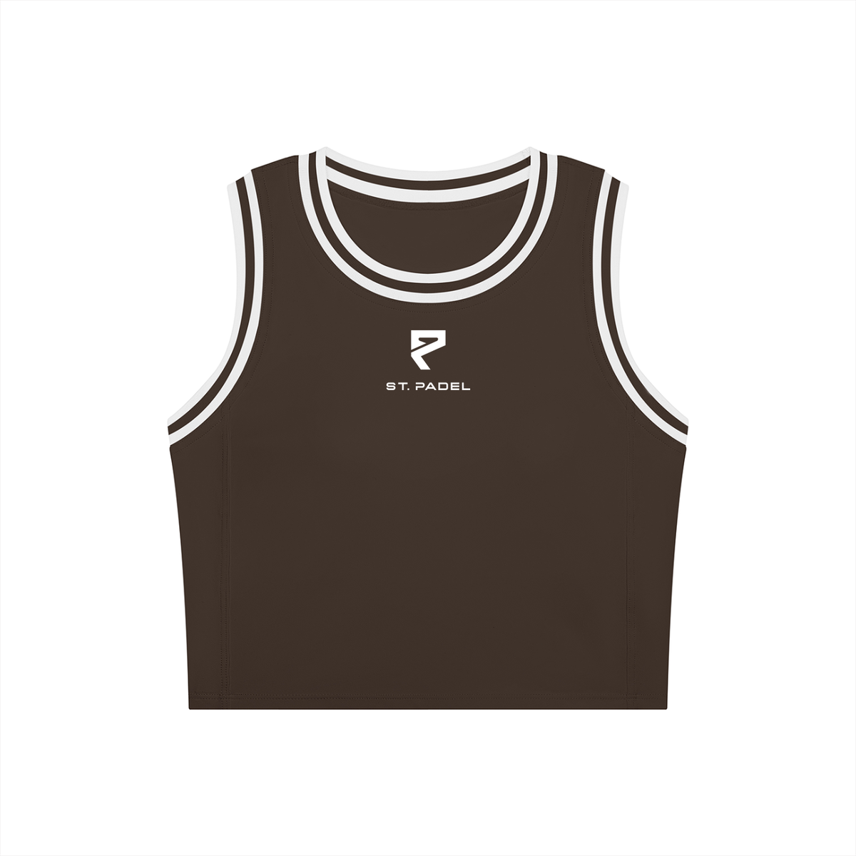 A dark brown sleeveless crop top with white double-striped trim around the crew neck and armholes, featuring a white St. Padel logo on the center chest, displayed on a solid white background.