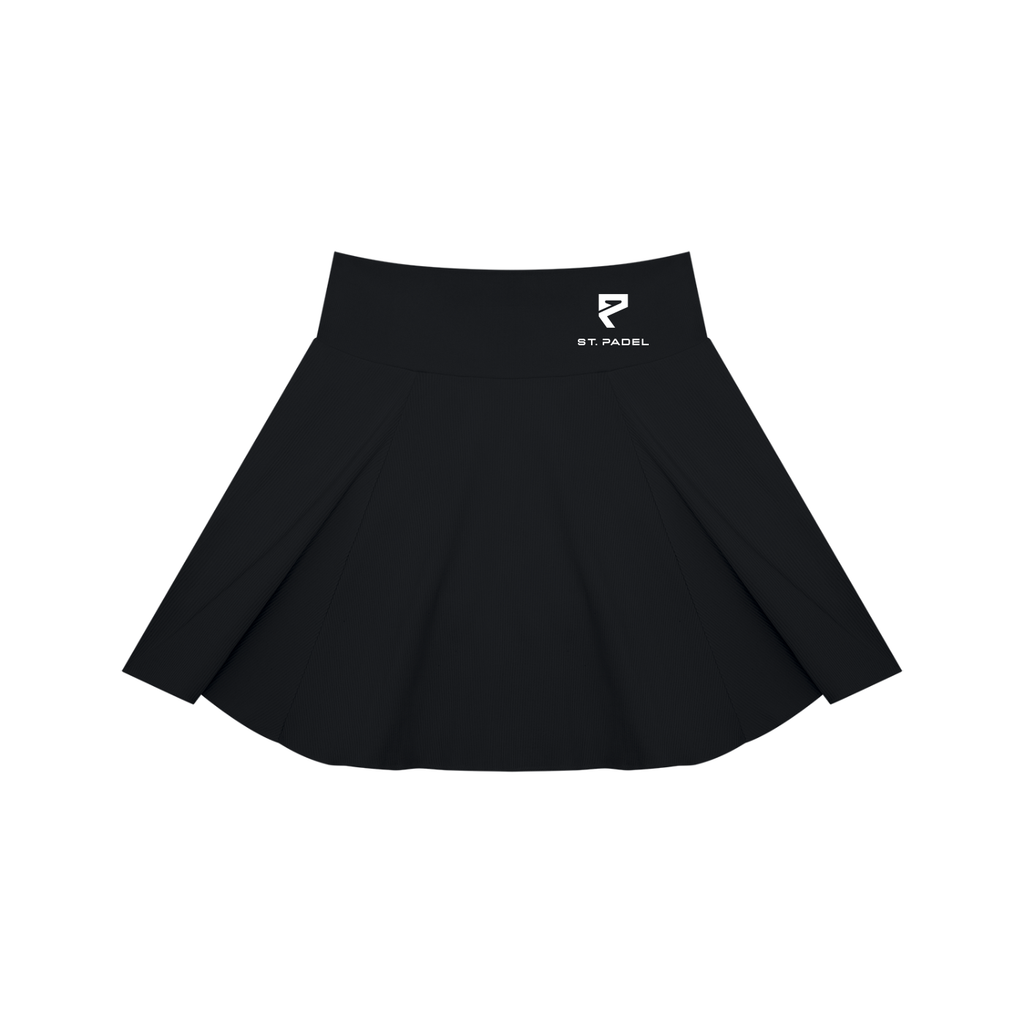 St. Padel Women's Pleated Padel Skirt. A black pleated skater skirt with a small white embroidered logo on the left hip, displayed against a solid white background.