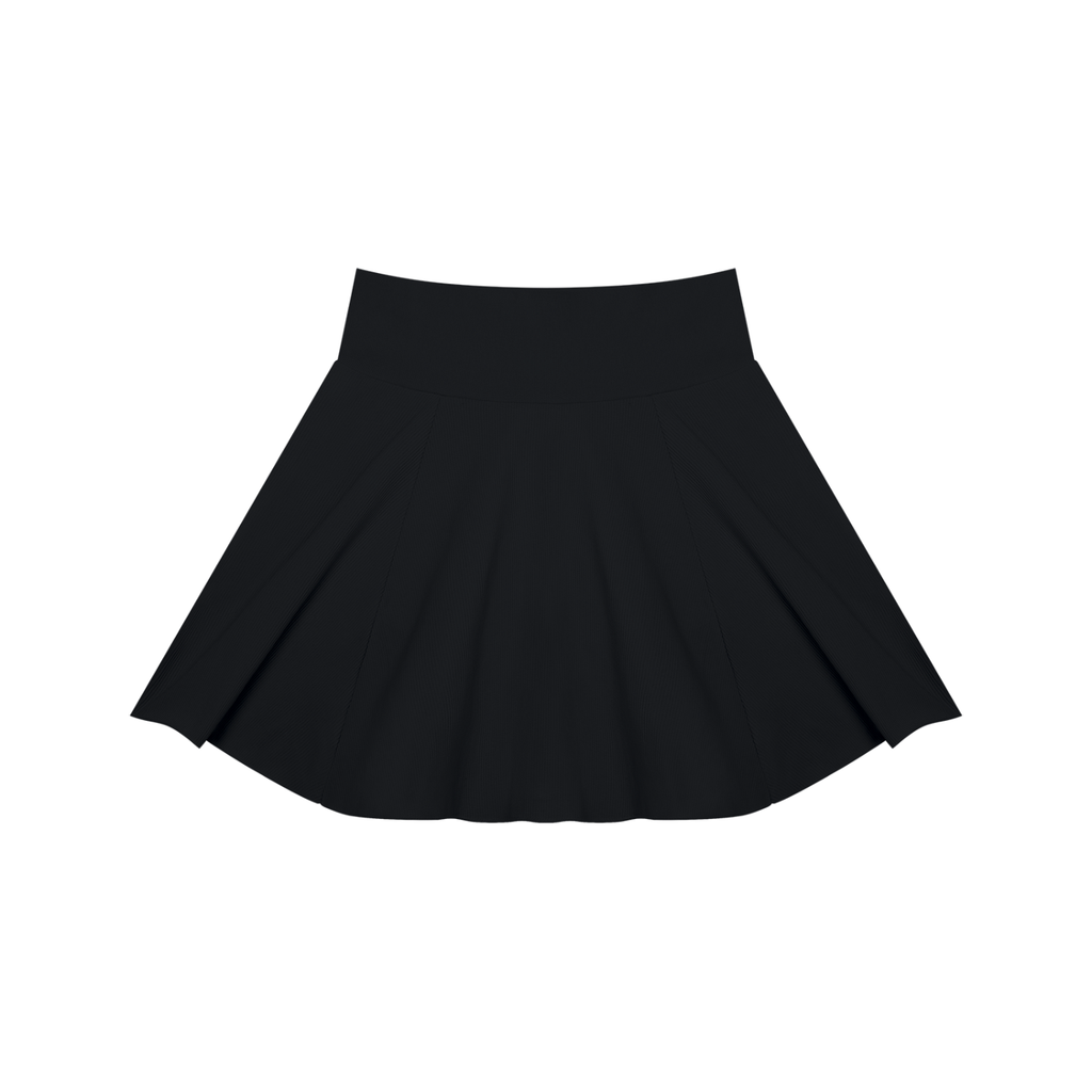 A black pleated skater skirt with a wide waistband, shown flat against a solid white background.