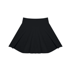 A black pleated skater skirt with a wide waistband, shown flat against a solid white background.