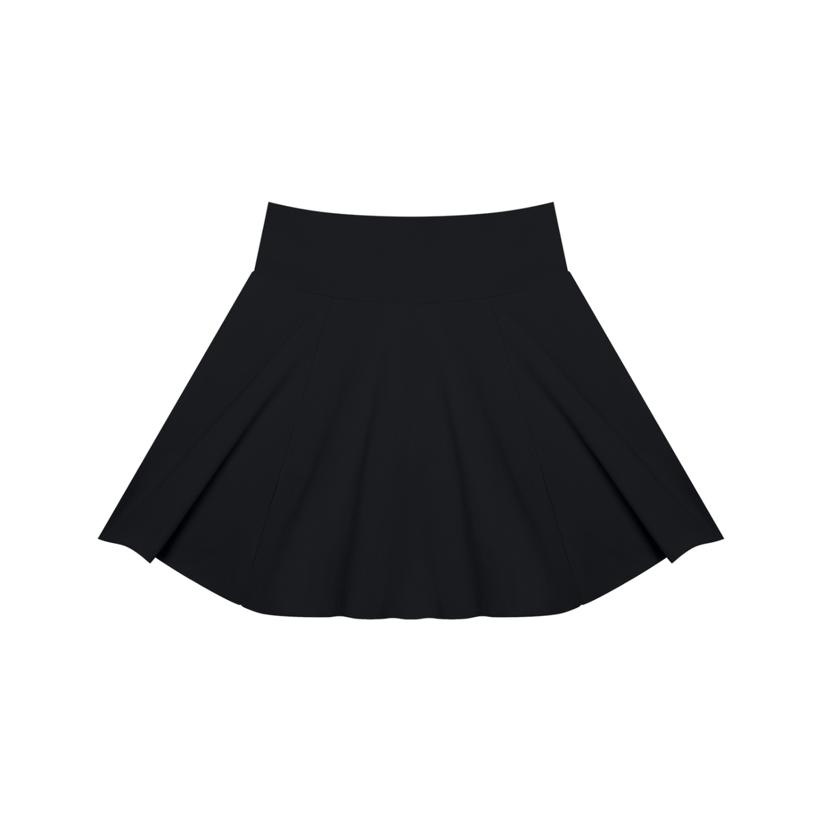 A black pleated skater skirt with a wide waistband, shown flat against a solid white background.